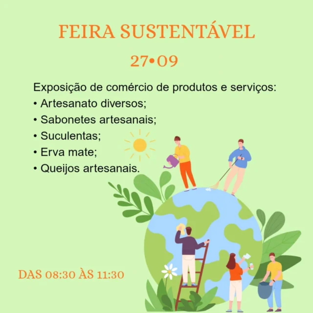 Está chegando a nossa Feira Sustentável! ✨🌱No dia 27 de novembro, das 8h30 às 11h30, esperamos por vocês: famílias, amigos e comunidade. Para juntos celebrarmos a criatividade dos nossos alunos! 💚♻️