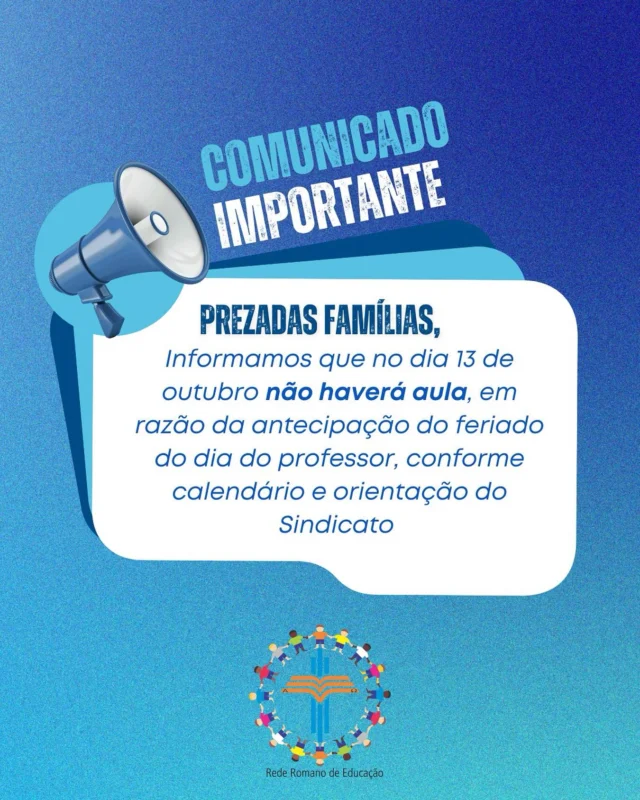 📢 Comunicado ImportanteInformamos que, conforme previsto em nosso calendário escolar e também no calendário do SINPRO, o feriado em comemoração ao Dia do Professor será antecipado para segunda-feira, dia 13 de outubro.🗓️ Neste dia, não haverá aula.Agradecemos a compreensão de todos!