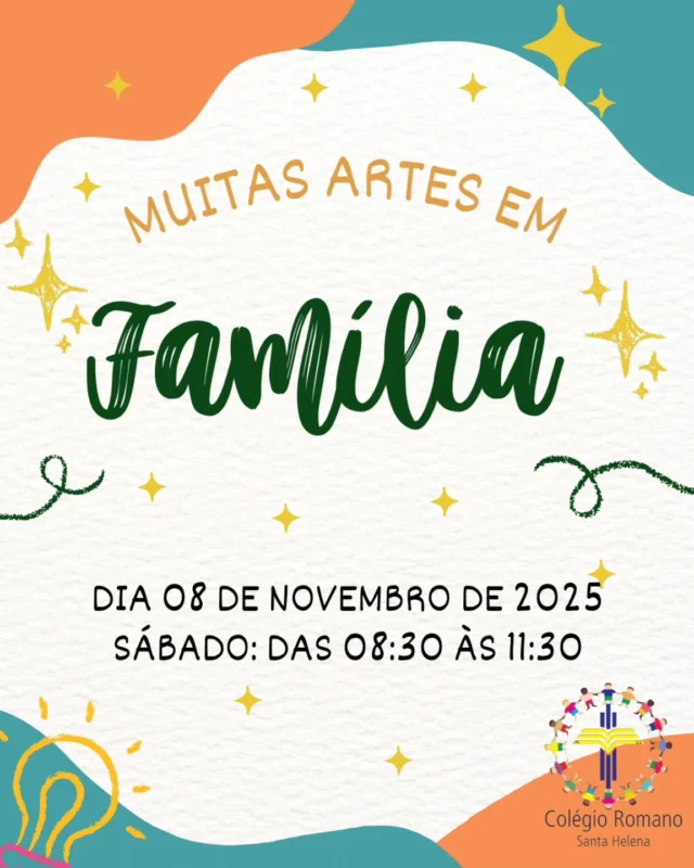 É com muita alegria que convidamos a comunidade escolar, para o nosso evento “Muitas Artes em Família”, que acontecerá no dia 08/11, às 08:30 envolvendo a Educação Infantil e o Fundamental I.Será um momento de muita criatividade, diversão e união, onde pais, filhos e educadores poderão compartilhar experiências artísticas e momentos especiais juntos.Contamos com a presença de todos para tornar esse dia ainda mais colorido e inesquecível! 💙💛