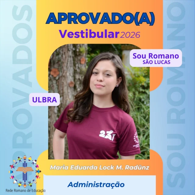 Parabéns, Maria Eduarda!🌟🎓Que alegria celebrar esta conquista contigo!Nossos estudantes do Terceirão estão garantindo vagas em universidades!Atenção: se você é aluno do ROMANO, passou no vestibular e seu nome não está entre nossos posts, nos avise! Não temos acesso a todos os listões  e queremos comemorar as conquistas dos nossos FERAS!#orgulhoromano #vestibular #listão #aprovados2026 #aprovados #souromano #bixos2026
