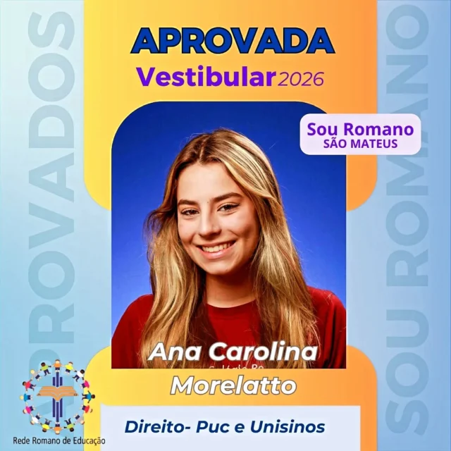Parabéns, Ana Carolina Morelatto!Que alegria celebrar esta conquista contigo!Nossos estudantes do Terceirão estão garantindo vagas em universidades!Atenção: se você é aluno do ROMANO, passou no vestibular e seu nome não está entre nossos posts, nos avise! Não temos acesso a todos os listões  e queremos comemorar as conquistas dos nossos FERAS!#direito#PUC#unisinos#orgulhoromano #vestibular #listão #aprovados2026 #aprovados #souromano #bixos2026